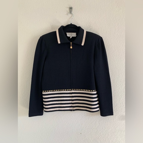 St John Sport Marie Gray Black White Stripe Gold Palette Santana Knit Jacket M - Picture 1 of 11